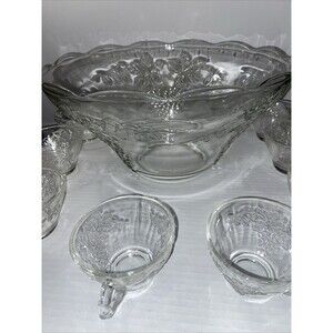 Anchor Hocking Clear Glass Grape 12pc Vintage Punch Bowl Cups Crystal Set